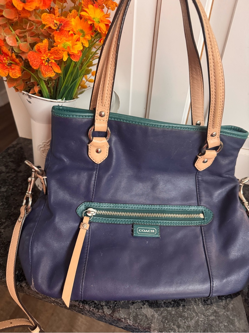 Coach Navy Leather Shoulder Bag with Teal Trim and Tan Handles
